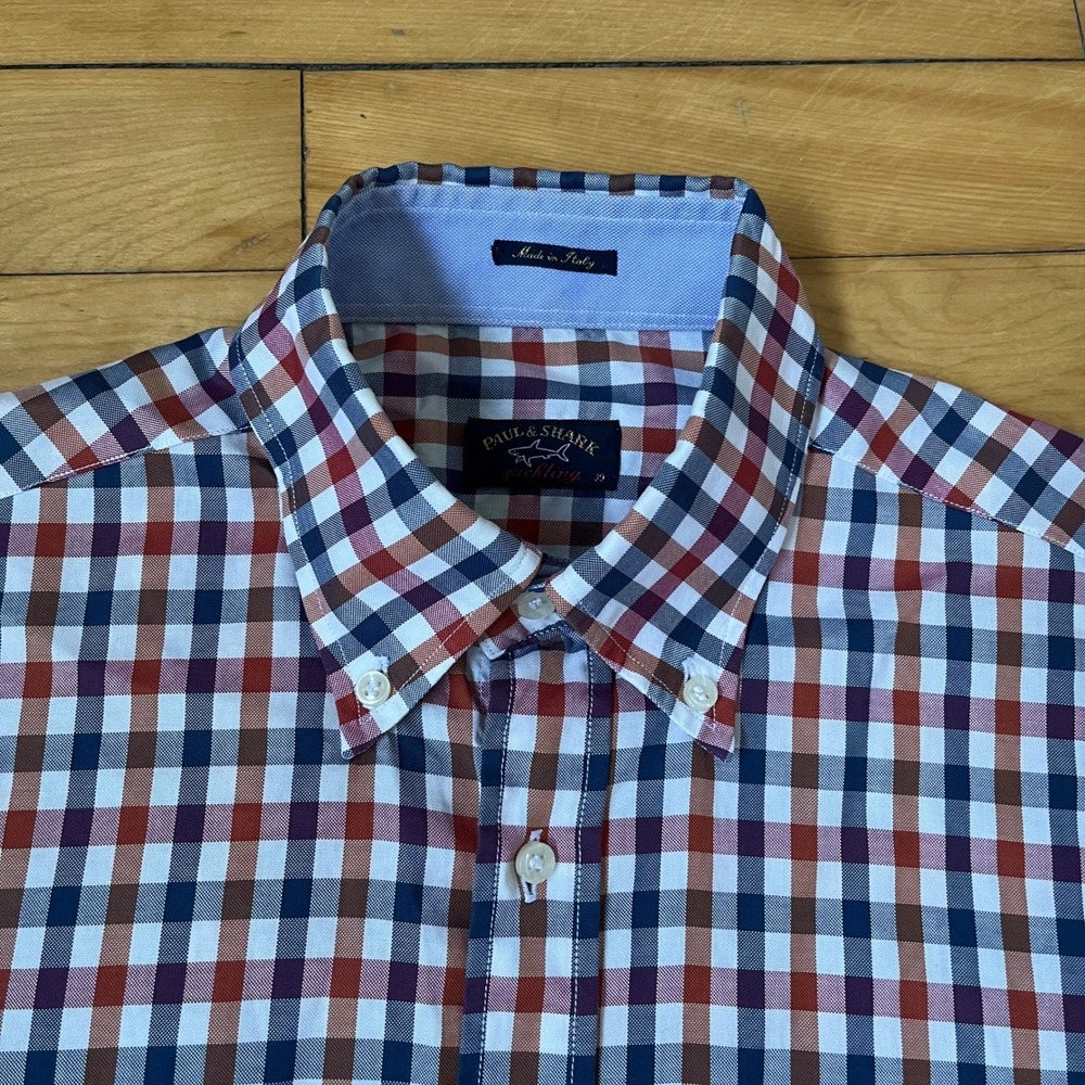 Paul & Shark Yachting Mens Gingham Check Button Down Shirt Navy Red Italy 39 L
